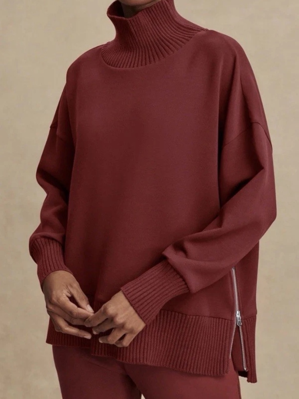 Varley Barker High-Neck Sweater Sweatshirt Pullover Side Zipper New Maroon M NEW